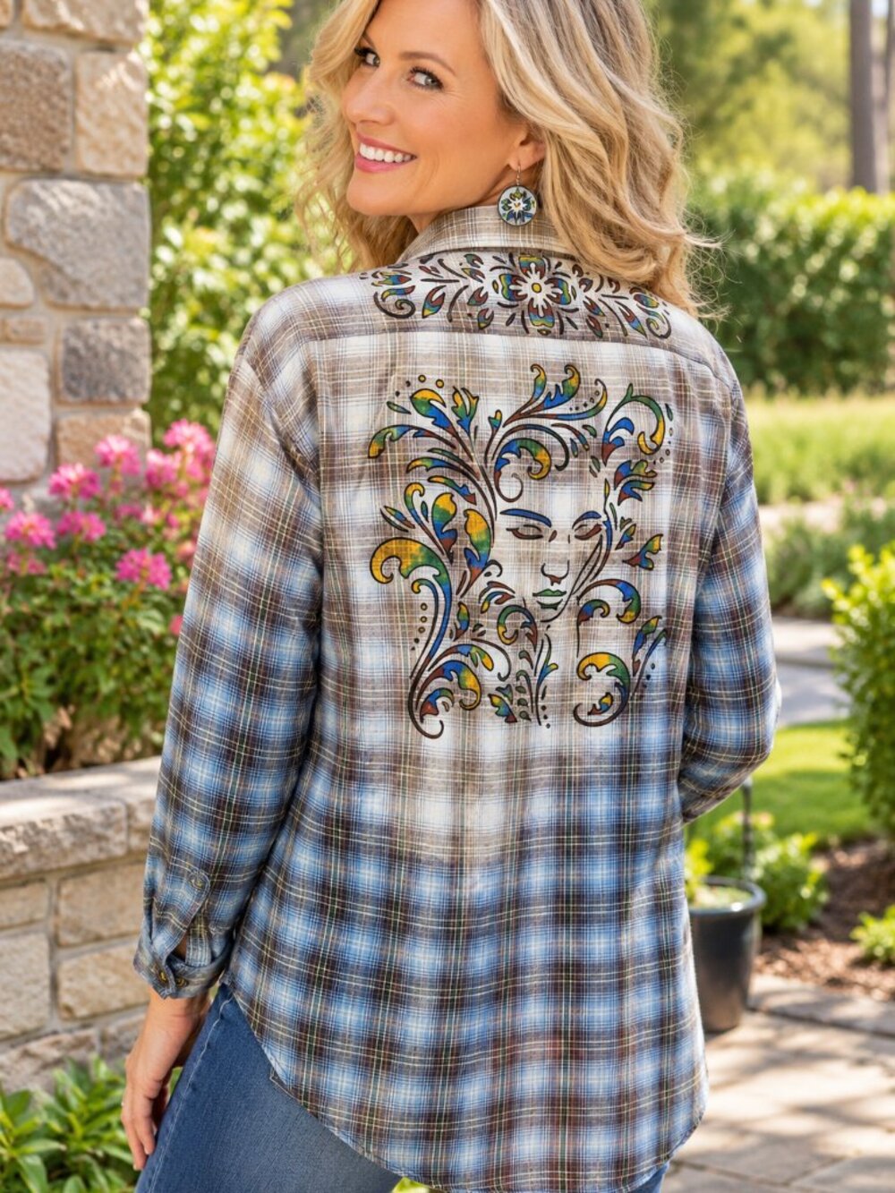 Upcycled Hand Painted Ladys Face Shirt - Bleached Blue Brown XL